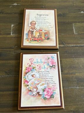 Vintage Nursery Hanging Wall Plaque Wood Baby “Rockabye" "Fingerprints”Retro